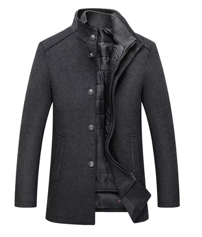 Arthur - Men's long smart winter coat with stand collar and quilted lining