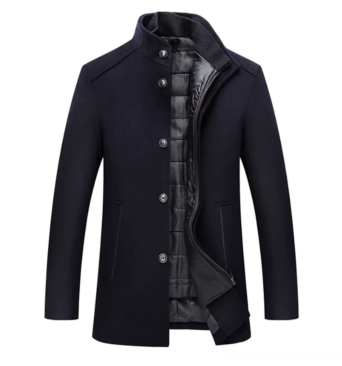 Arthur - Men's long smart winter coat with stand collar and quilted lining
