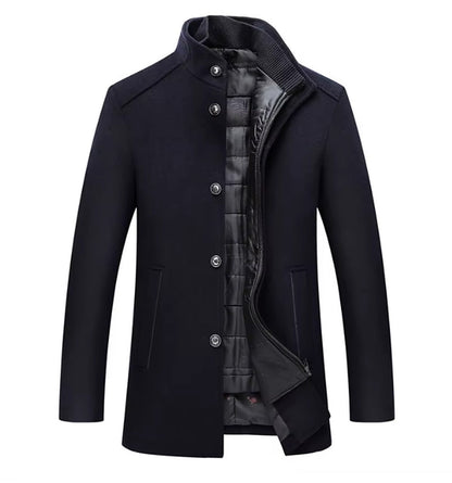 Arthur - Men's long smart winter coat with stand collar and quilted lining