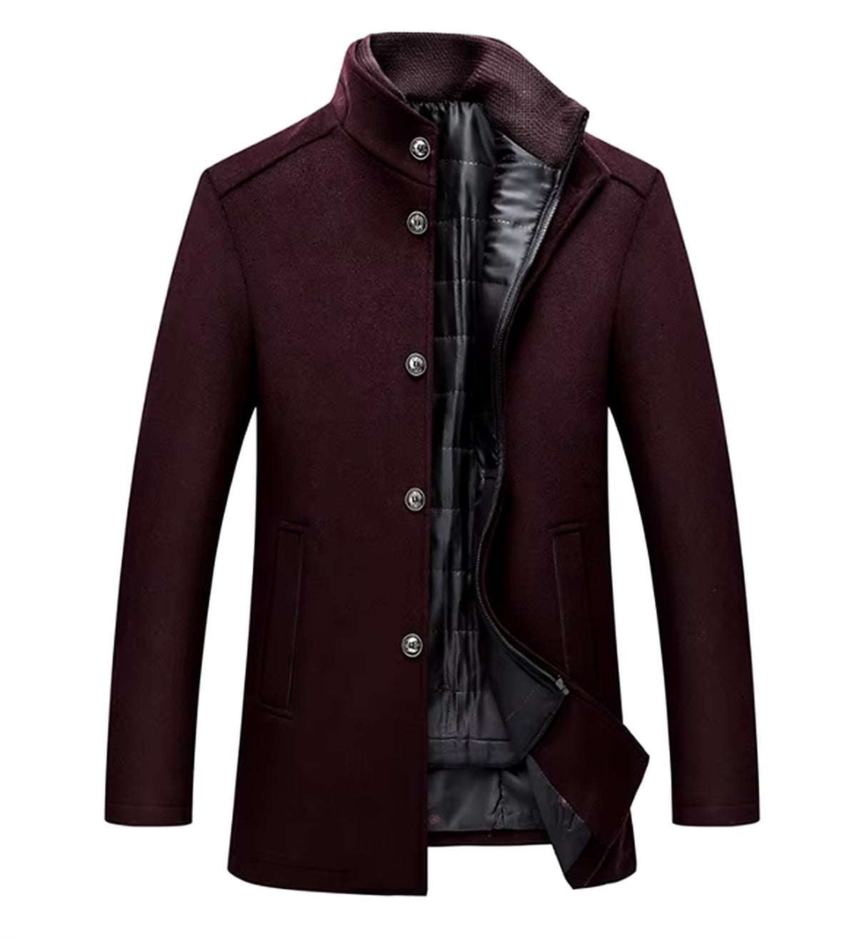 Arthur - Men's long smart winter coat with stand collar and quilted lining