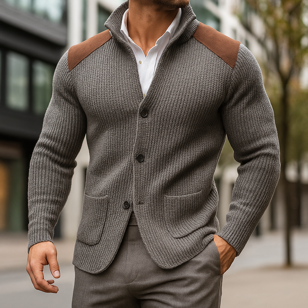 Arthur - Men’s warm knitted cardigan with funnel neck and shoulder patches