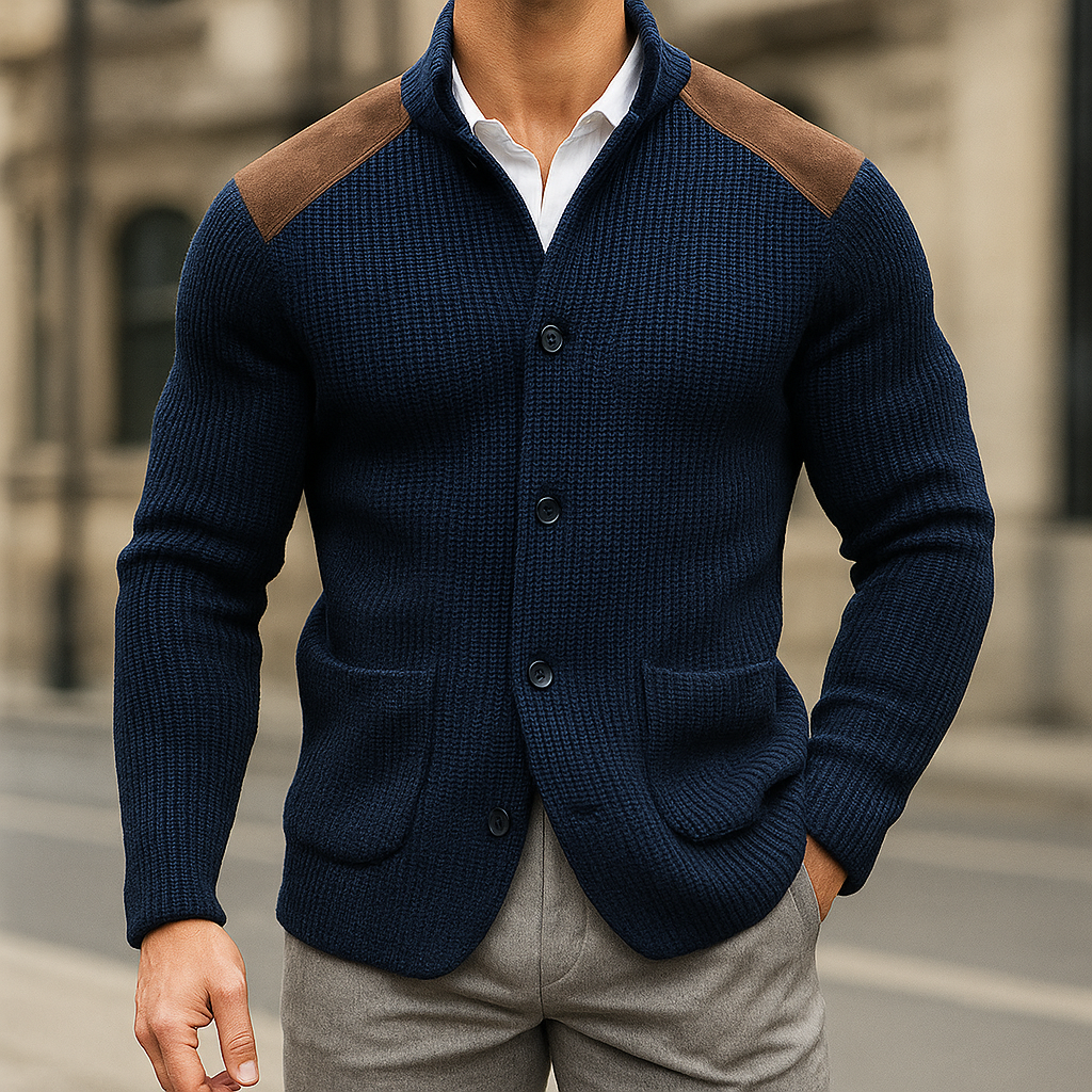 Arthur - Men’s warm knitted cardigan with funnel neck and shoulder patches
