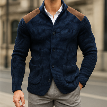 Arthur - Men’s warm knitted cardigan with funnel neck and shoulder patches