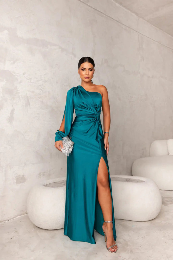 Ava - Elegant Women's Wedding Guest Dress with One Shoulder Sleeve and Twist Waist Detail