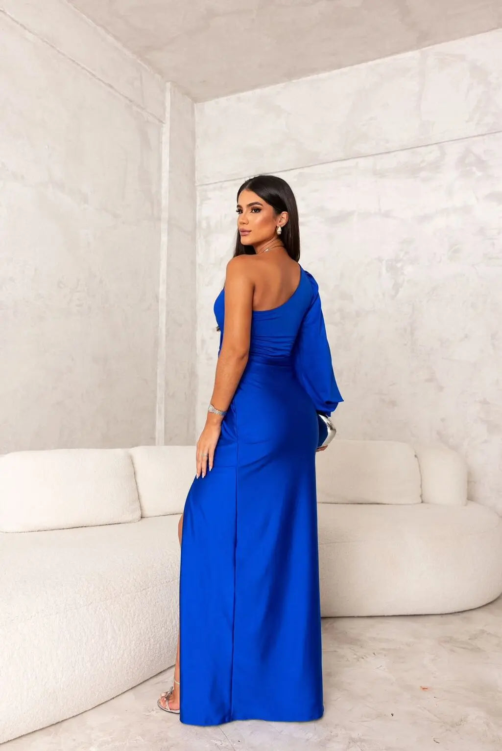 Ava - Elegant Women's Wedding Guest Dress with One Shoulder Sleeve and Twist Waist Detail