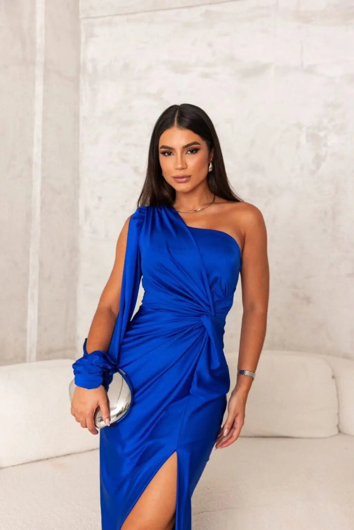 Ava - Elegant Women's Wedding Guest Dress with One Shoulder Sleeve and Twist Waist Detail