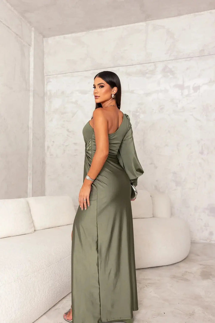 Ava - Elegant Women's Wedding Guest Dress with One Shoulder Sleeve and Twist Waist Detail