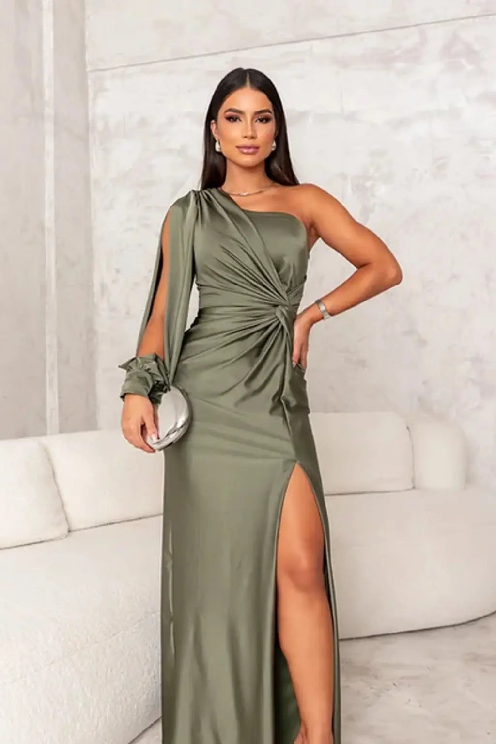 Ava - Elegant Women's Wedding Guest Dress with One Shoulder Sleeve and Twist Waist Detail