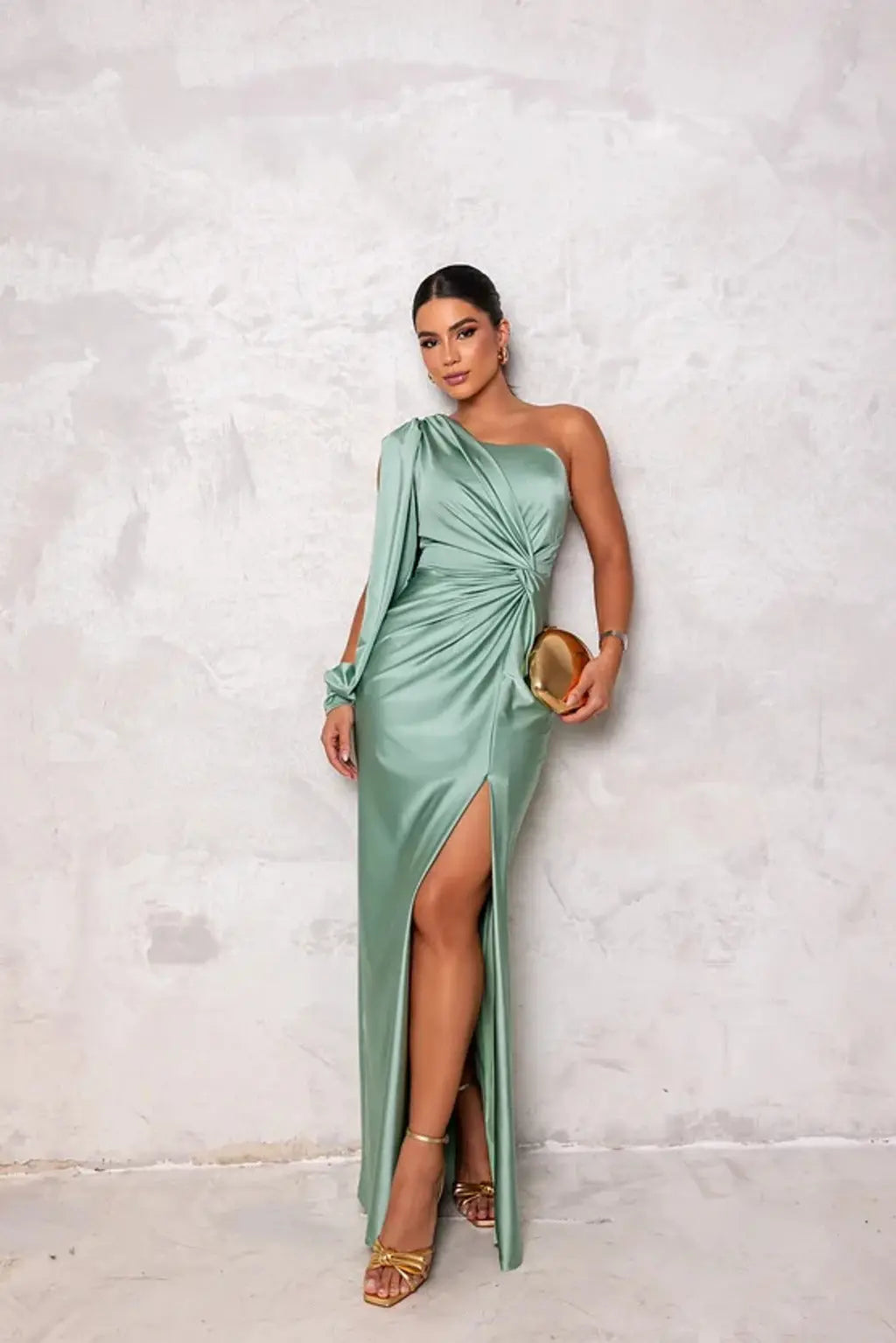 Ava - Elegant Women's Wedding Guest Dress with One Shoulder Sleeve and Twist Waist Detail
