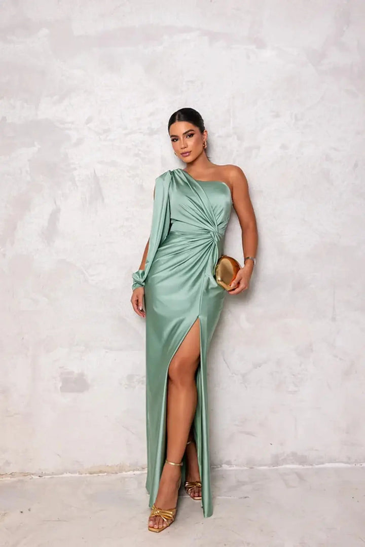 Ava - Elegant Women's Wedding Guest Dress with One Shoulder Sleeve and Twist Waist Detail