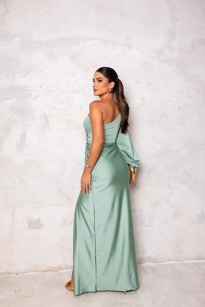 Ava - Elegant Women's Wedding Guest Dress with One Shoulder Sleeve and Twist Waist Detail
