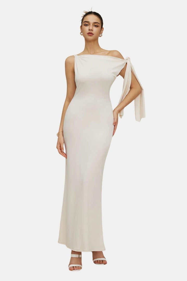 Ava - Elegant Women's Wedding Guest Dress with One Shoulder Tie and Maxi Length