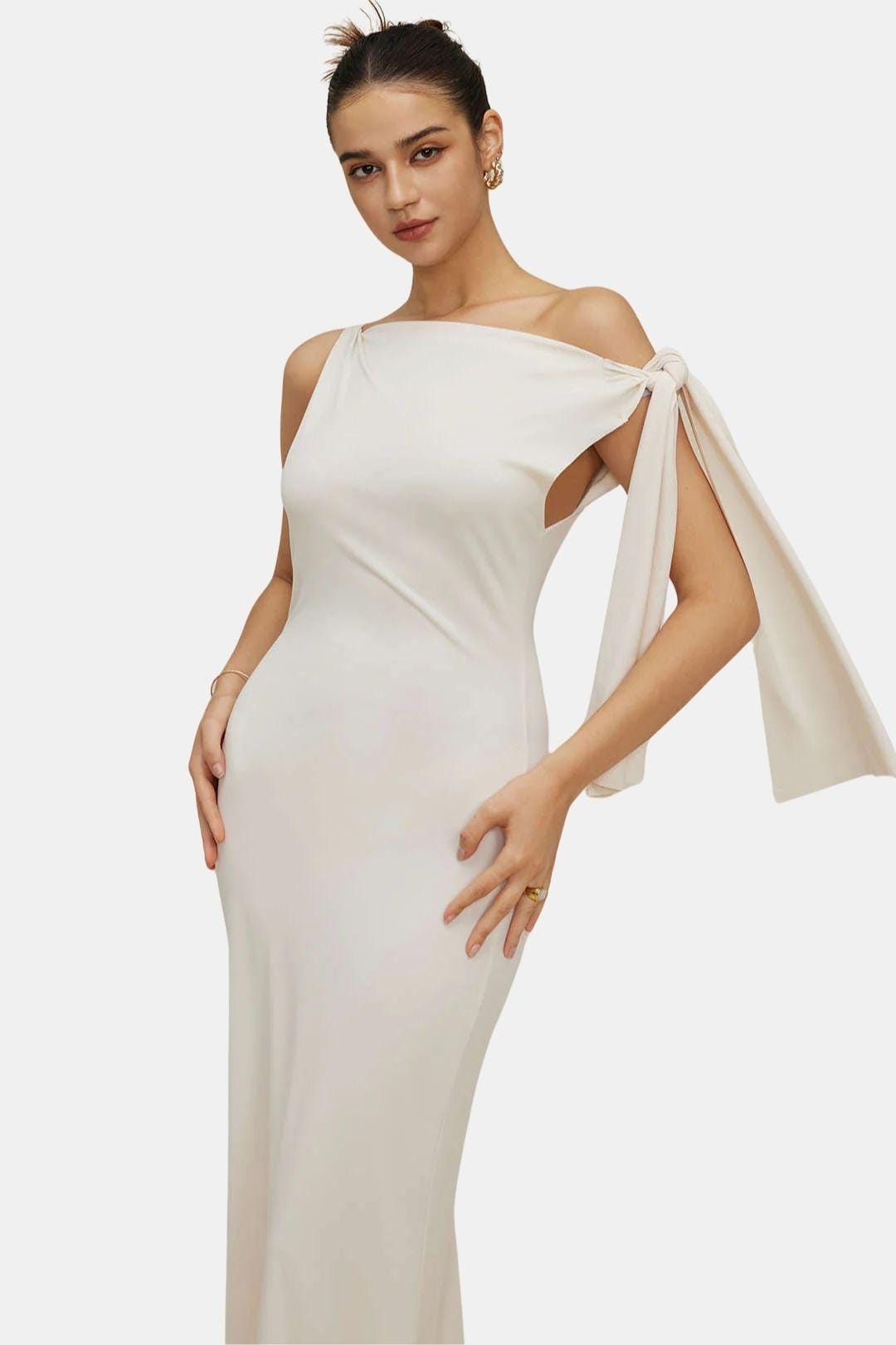 Ava - Elegant Women's Wedding Guest Dress with One Shoulder Tie and Maxi Length