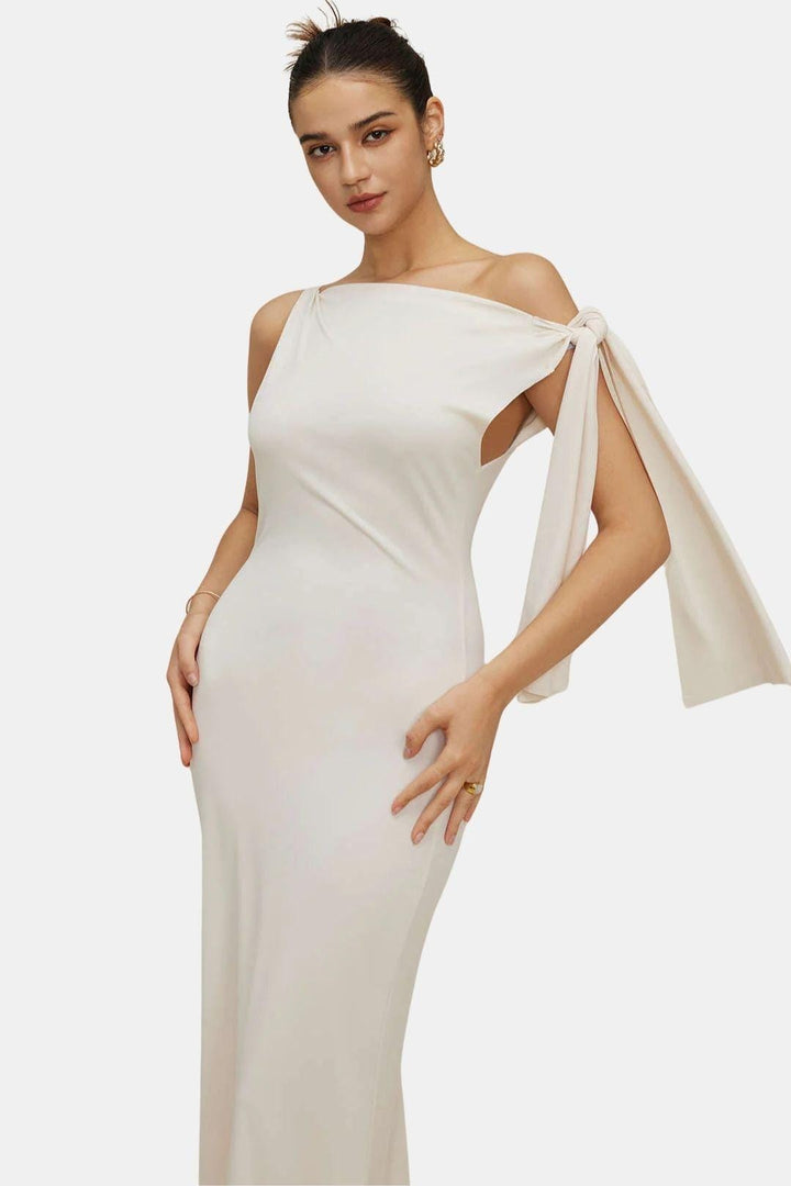 Ava - Elegant Women's Wedding Guest Dress with One Shoulder Tie and Maxi Length