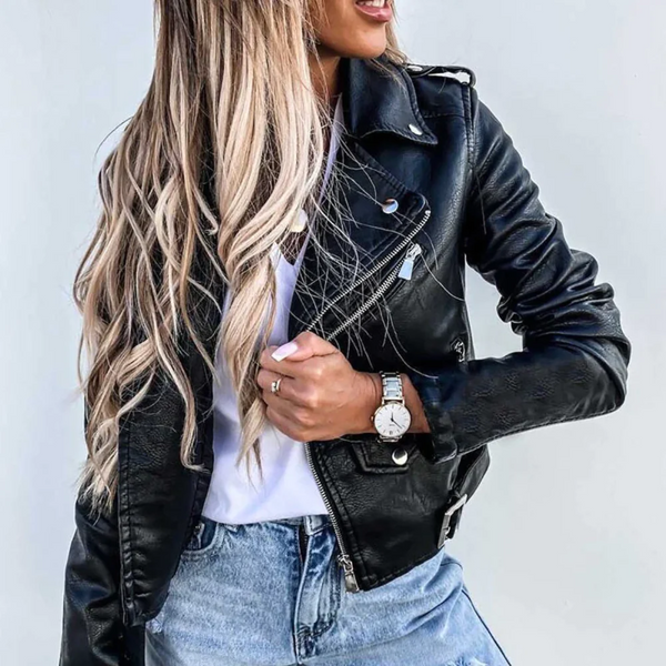 Ava - Women's cropped biker jacket with zip up front and lapel collar