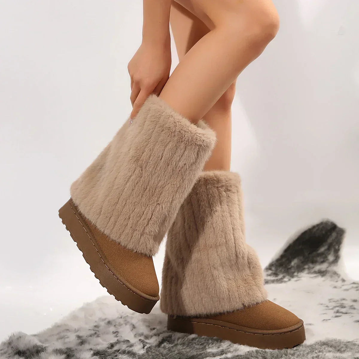 Ava - Women’s fluffy fleece lined winter calf boots with platform sole