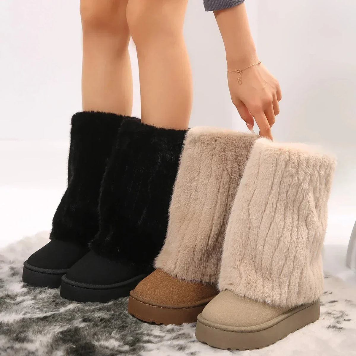 Ava - Women’s fluffy fleece lined winter calf boots with platform sole