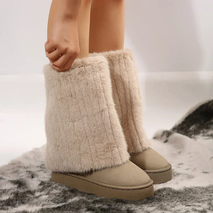 Ava - Women’s fluffy fleece lined winter calf boots with platform sole