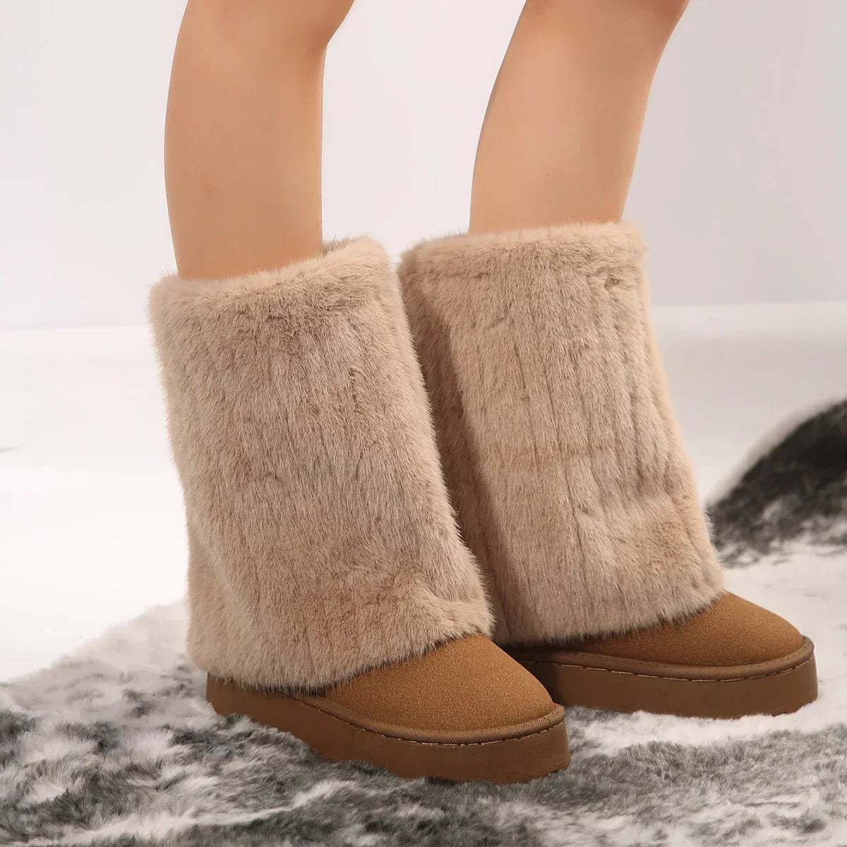 Ava - Women’s fluffy fleece lined winter calf boots with platform sole