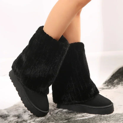 Ava - Women’s fluffy fleece lined winter calf boots with platform sole