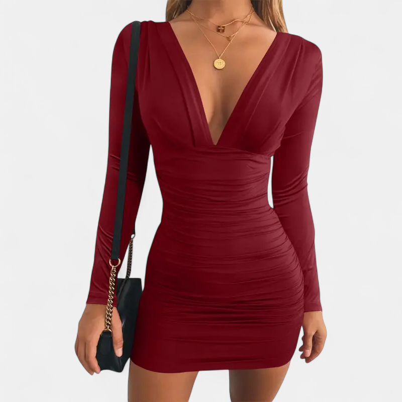 Ava - Women's party mini dress with v neck and long sleeve ruched fit