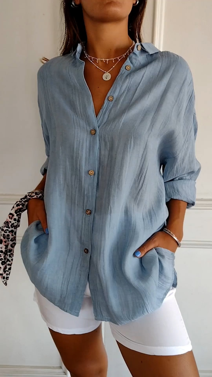 Bea - Oversized Women's Linen Blouse with Button Down Front and Collar
