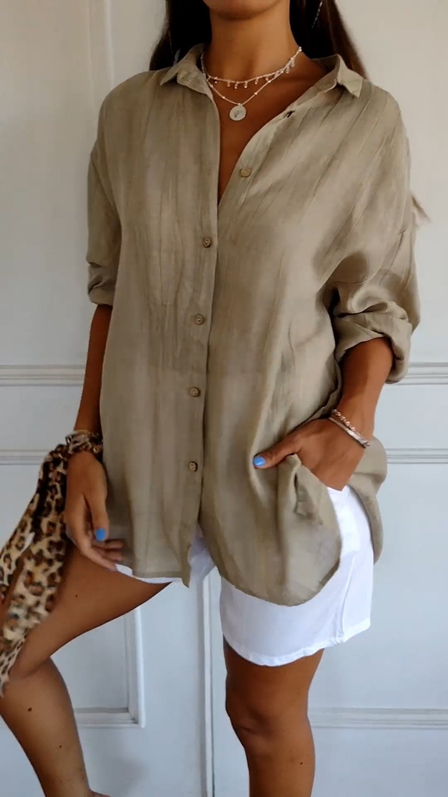 Bea - Oversized Women's Linen Blouse with Button Down Front and Collar