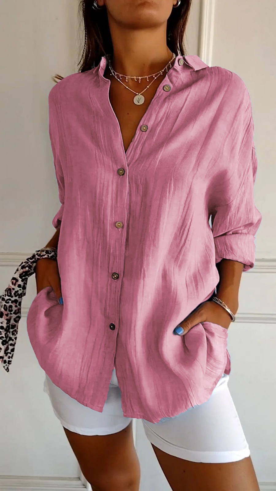 Bea - Oversized Women's Linen Blouse with Button Down Front and Collar