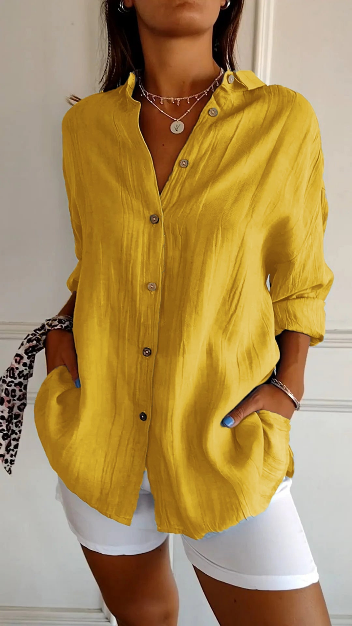 Bea - Oversized Women's Linen Blouse with Button Down Front and Collar