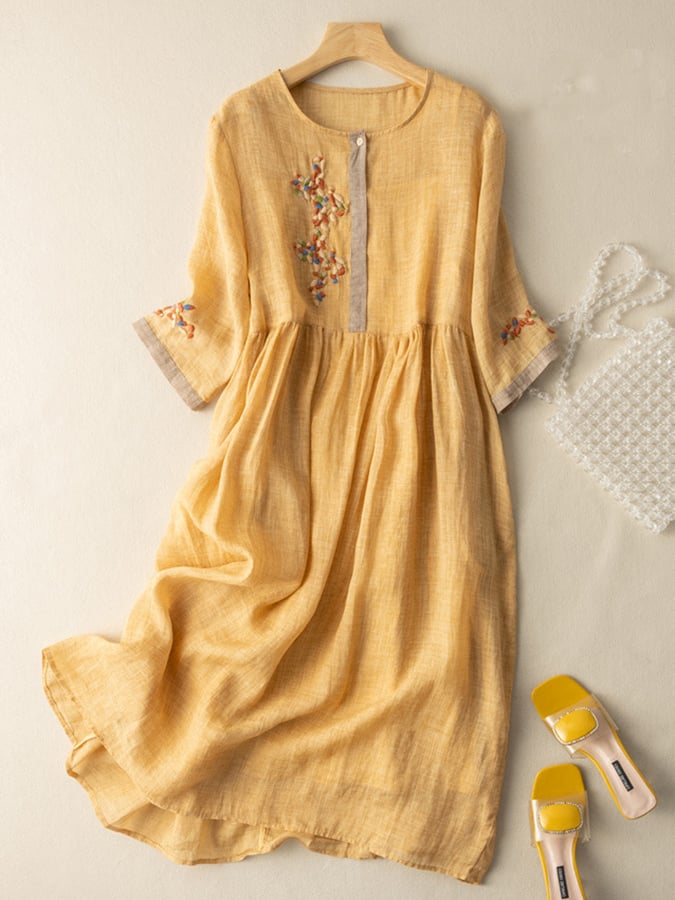 Beth - Vintage Women's Linen Midi Dress with Embroidered Cuffs and Gathered Waist