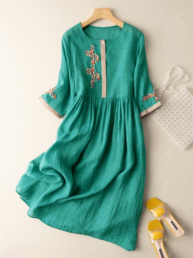 Beth - Vintage Women's Linen Midi Dress with Embroidered Cuffs and Gathered Waist