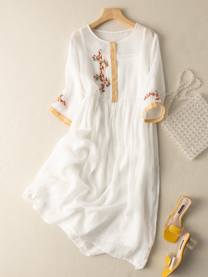 Beth - Vintage Women's Linen Midi Dress with Embroidered Cuffs and Gathered Waist
