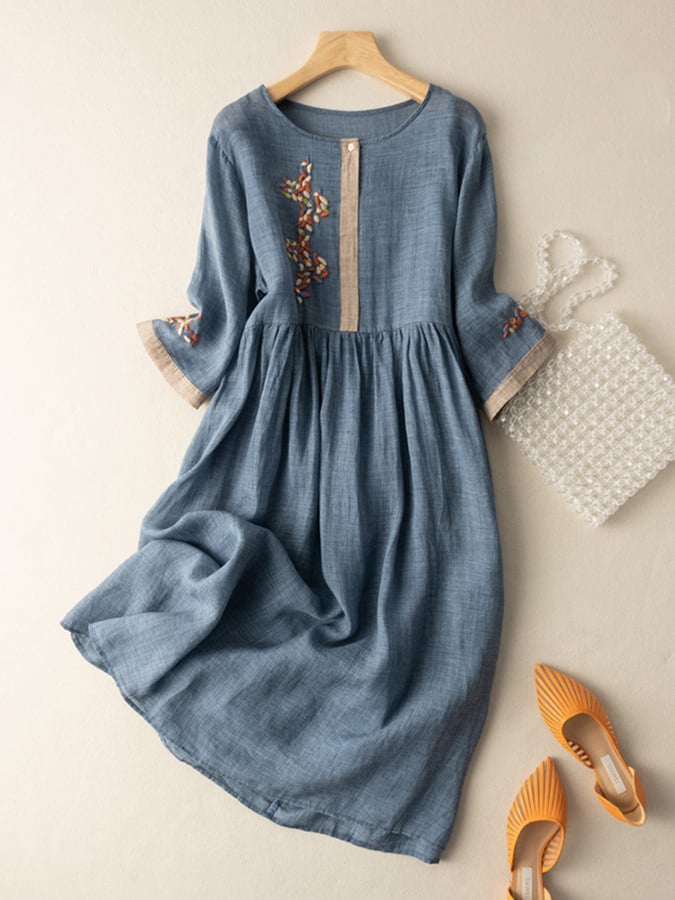 Beth - Vintage Women's Linen Midi Dress with Embroidered Cuffs and Gathered Waist
