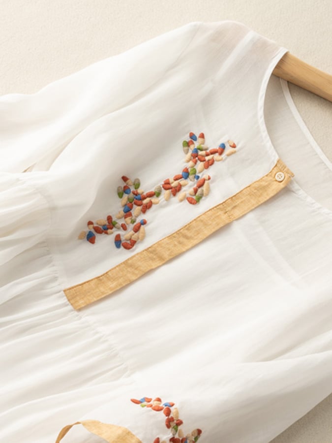 Beth - Vintage Women's Linen Midi Dress with Embroidered Cuffs and Gathered Waist