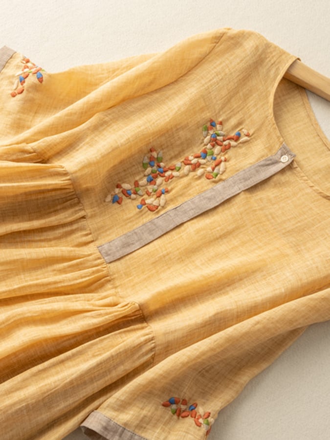 Beth - Vintage Women's Linen Midi Dress with Embroidered Cuffs and Gathered Waist