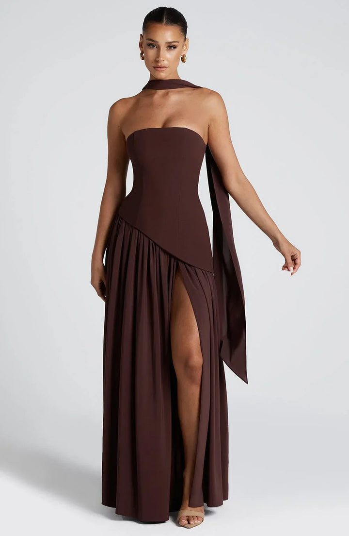 Bianca - Chic Women's Wedding Guest Maxi Dress with Strapless Bodice and Draped Neck Detail