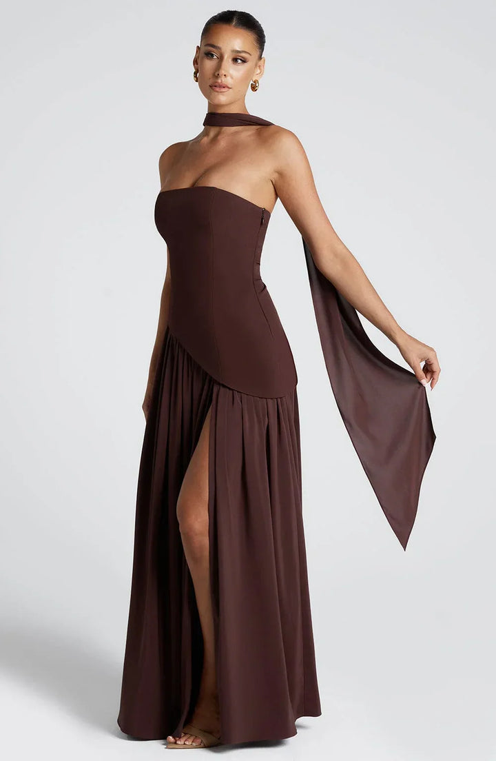 Bianca - Chic Women's Wedding Guest Maxi Dress with Strapless Bodice and Draped Neck Detail