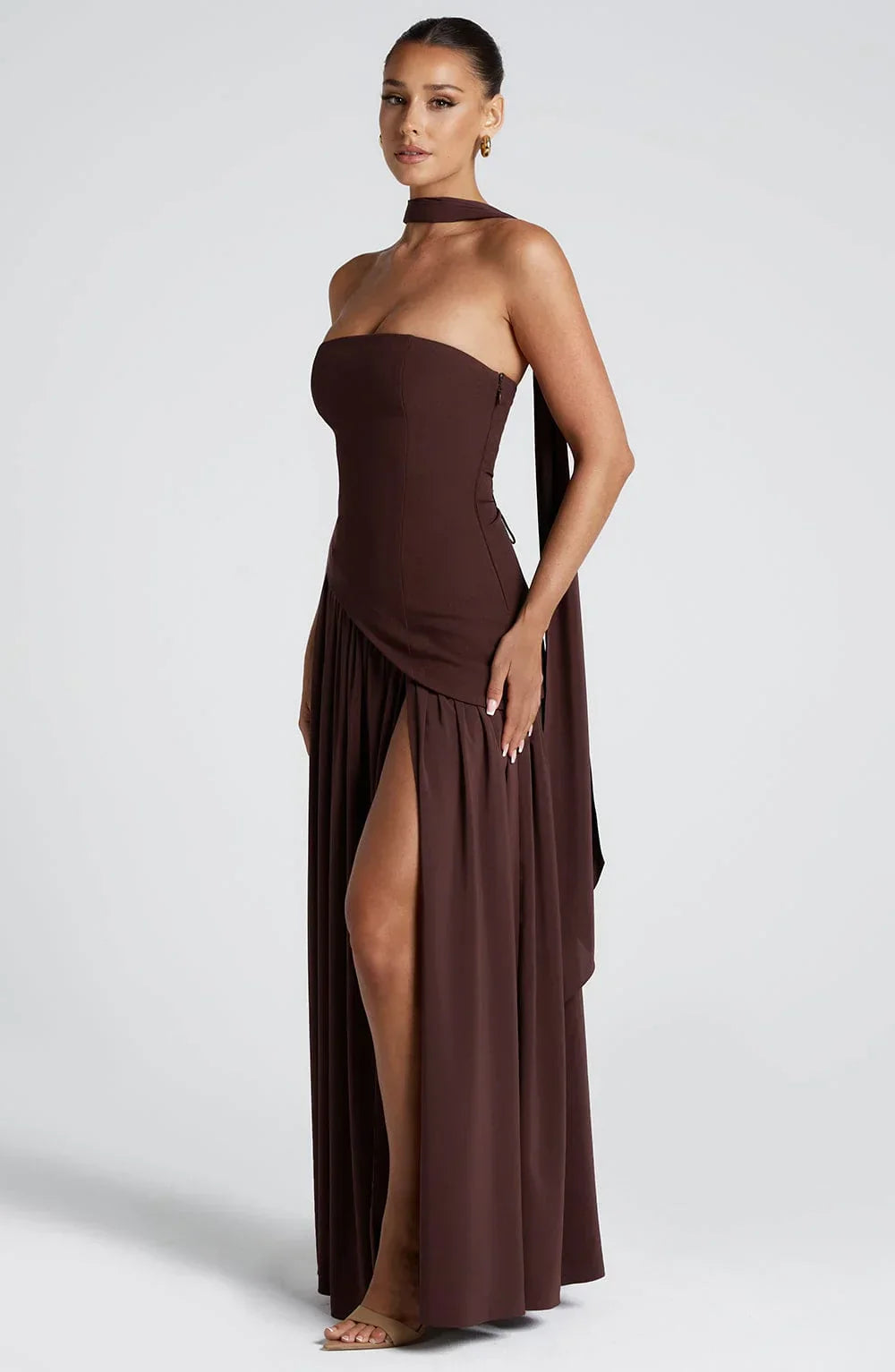 Bianca - Chic Women's Wedding Guest Maxi Dress with Strapless Bodice and Draped Neck Detail