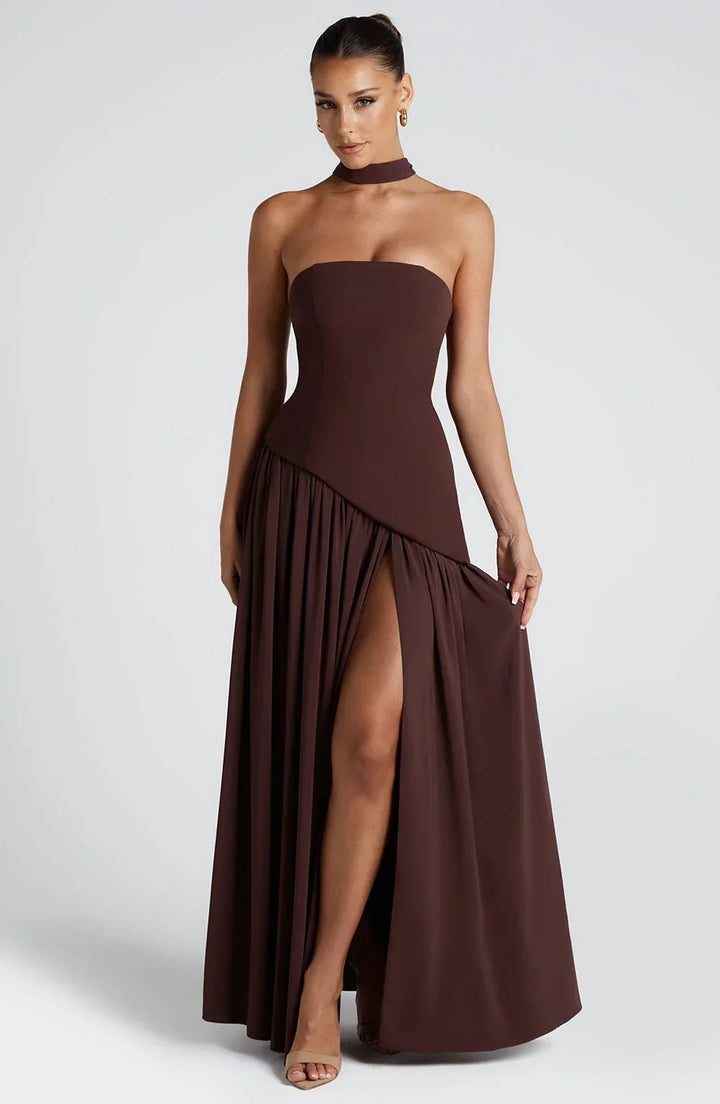 Bianca - Chic Women's Wedding Guest Maxi Dress with Strapless Bodice and Draped Neck Detail