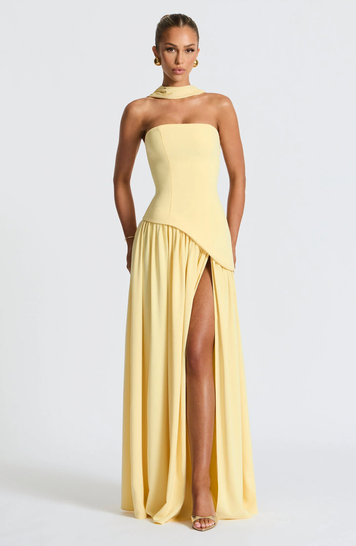 Bianca - Chic Women's Wedding Guest Maxi Dress with Strapless Bodice and Draped Neck Detail