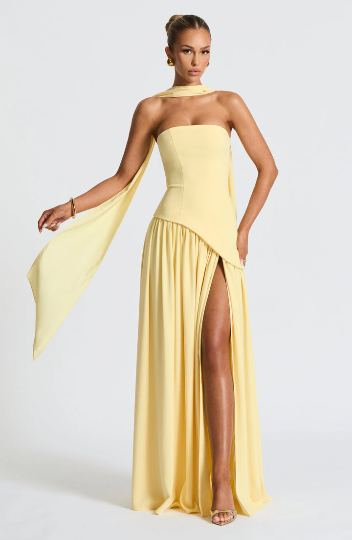 Bianca - Chic Women's Wedding Guest Maxi Dress with Strapless Bodice and Draped Neck Detail