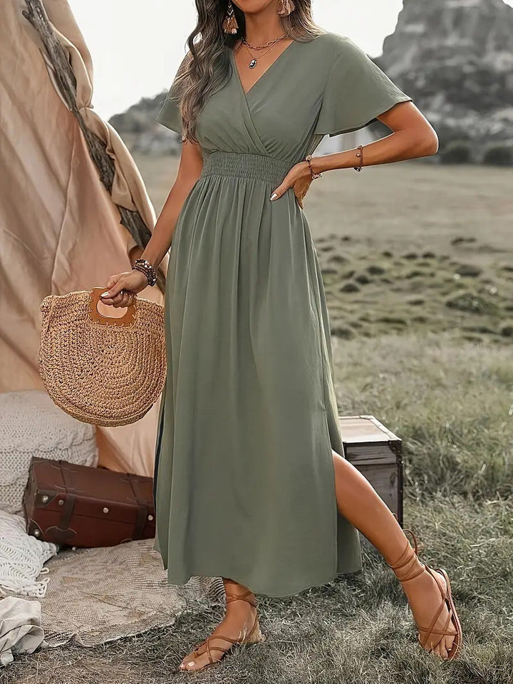Bonnie - Boho Women's Summer Midi Dress with V Neck and Smocked Waist and Side Split
