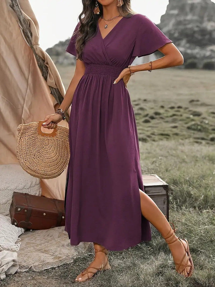 Bonnie - Boho Women's Summer Midi Dress with V Neck and Smocked Waist and Side Split