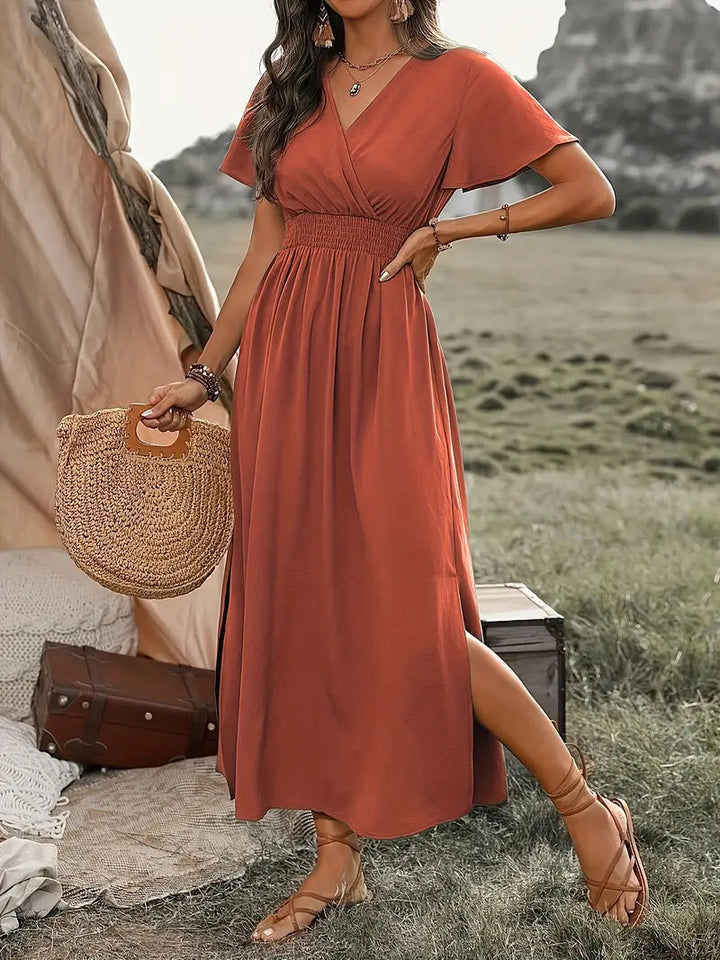 Bonnie - Boho Women's Summer Midi Dress with V Neck and Smocked Waist and Side Split