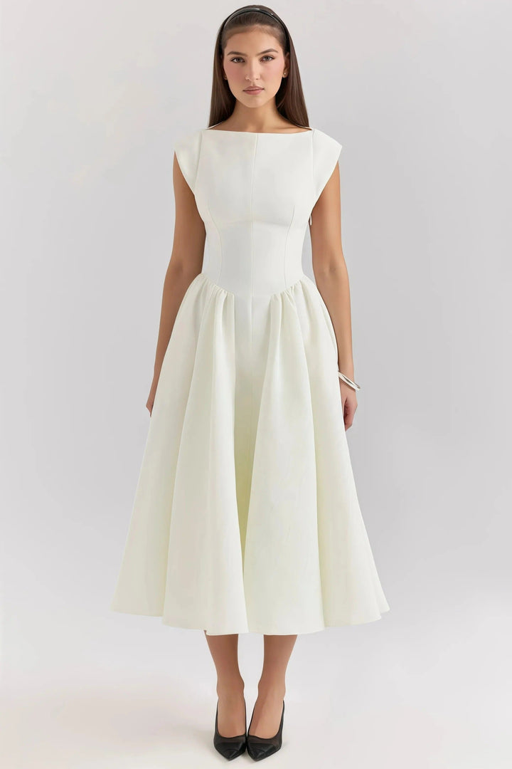 Cecily - Elegant Women's Wedding Guest Midi Dress with Bateau Neck and Full Pleated Skirt