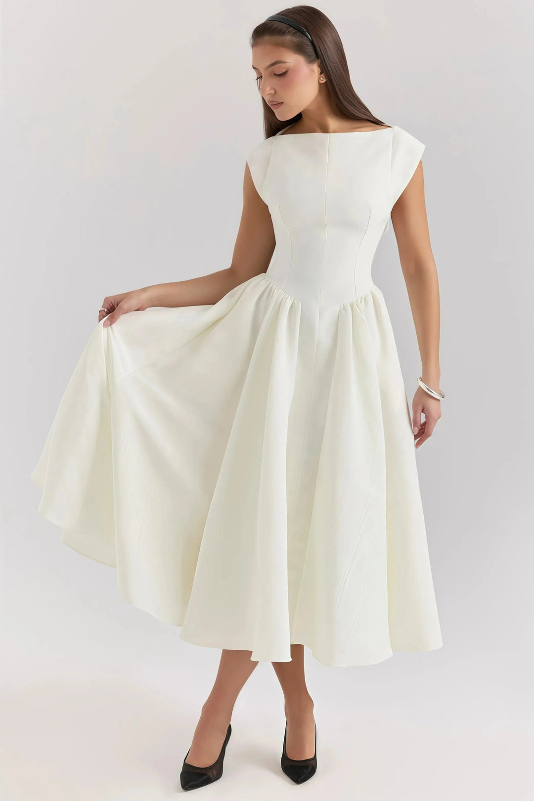 Cecily - Elegant Women's Wedding Guest Midi Dress with Bateau Neck and Full Pleated Skirt