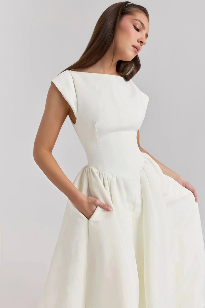 Cecily - Elegant Women's Wedding Guest Midi Dress with Bateau Neck and Full Pleated Skirt