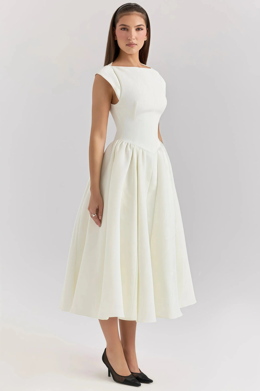Cecily - Elegant Women's Wedding Guest Midi Dress with Bateau Neck and Full Pleated Skirt