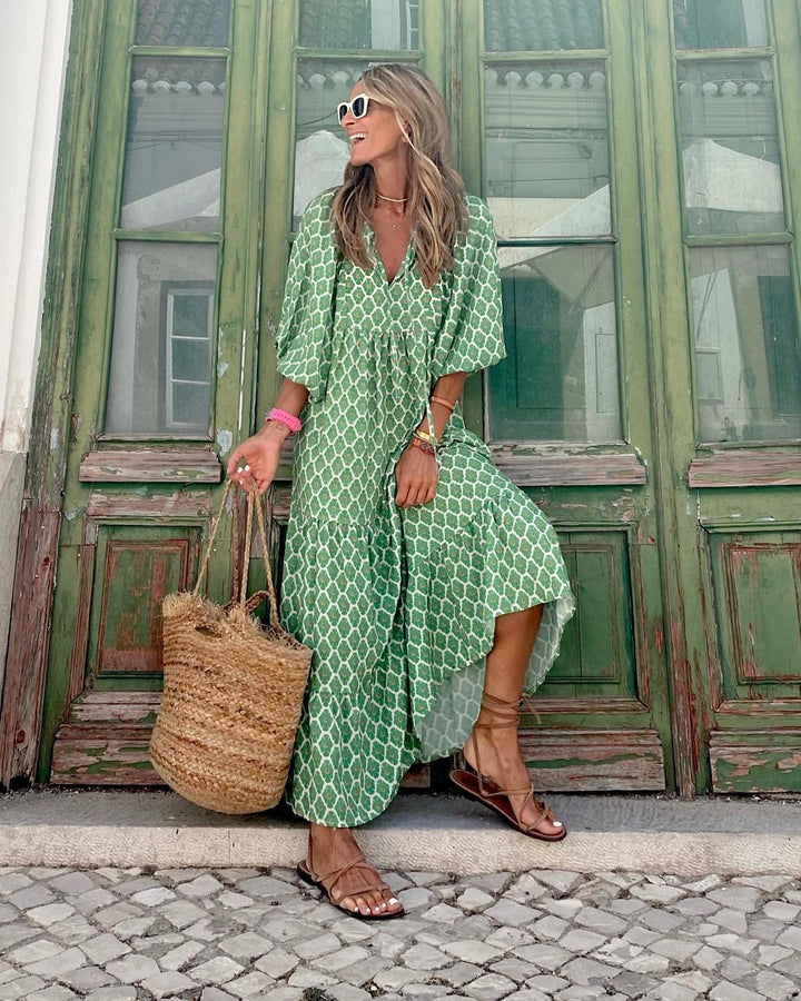 Celeste - Boho Women's Summer Maxi Dress with V Neck and Tiered Skirt