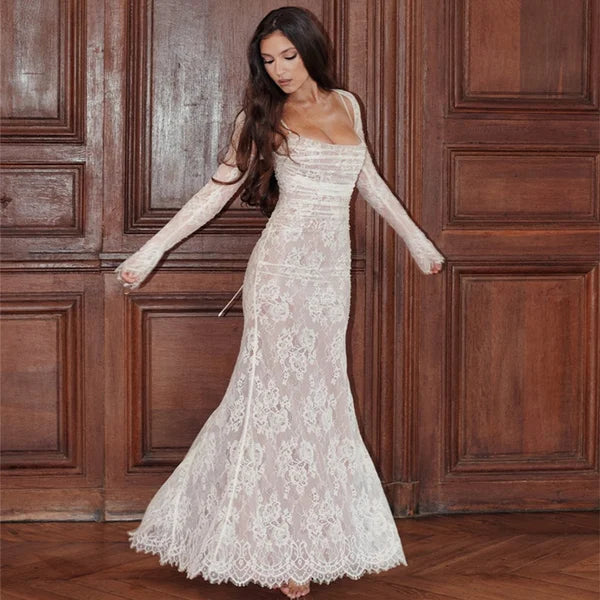 Celeste - Elegant Women's Wedding Guest Maxi Dress with Square Neck and Long Sleeves and Floral Detail